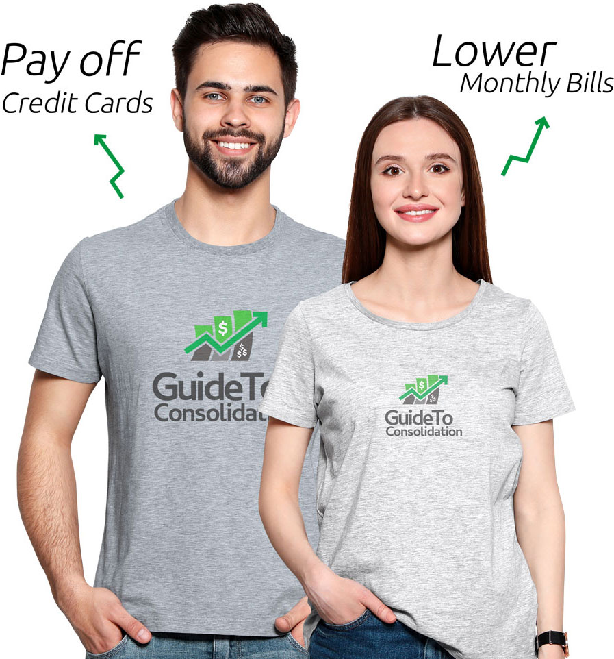 A man and a woman in GuideToConsolidation t-shirts 